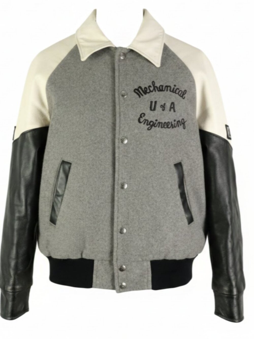 Vintage Bomber Jacket Mens 40 Small Gray White Leather Wool U Of A Engineering
